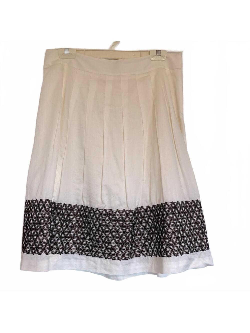 LOFT Cream Embroidered Pleated Skirt – Fully Lined Cotton with Brown Embroidery